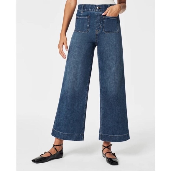 SPANX Denim - Spanx Cropped Wide Leg Jean Shaded Blue Shapewear Pockets High Rise sz M NEW